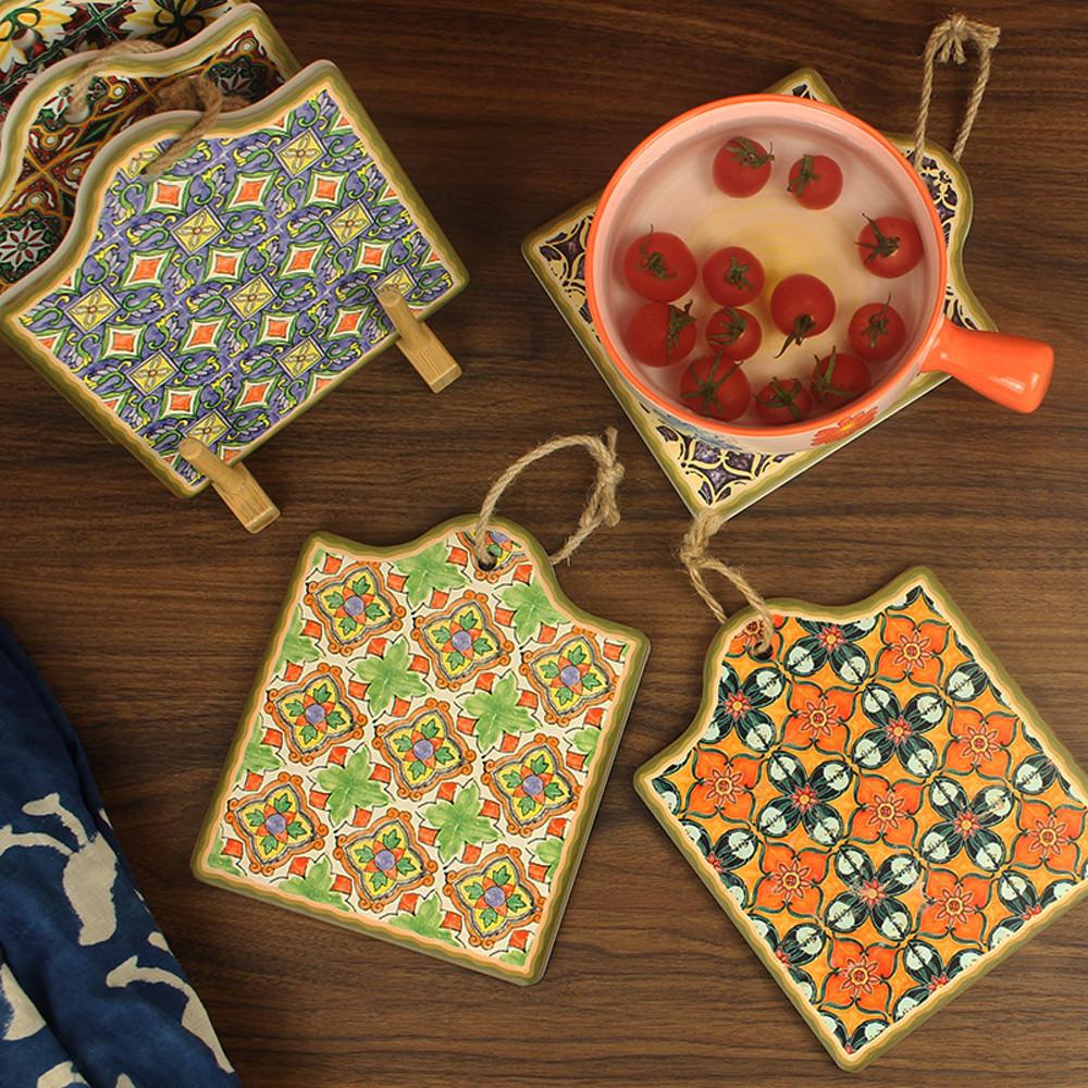 디어빌리지 빈티지 엔틱 북유럽 패턴 냄비받침 세라믹 코르크 가정용 단열 매트 노르딕 디자인 내열방지 미끄럼방지