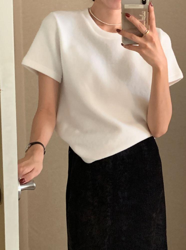 [기모] 윈터 베이직 라운드 반팔 기모 니트티셔츠 (4color)