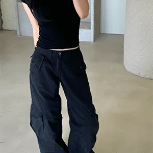 [ 주문폭주 ootj y2k 로우라이즈 카펜터 아이돌 바지 팬츠 코튼 하비커버] 카타리나 카고 블랙 코튼 팬츠