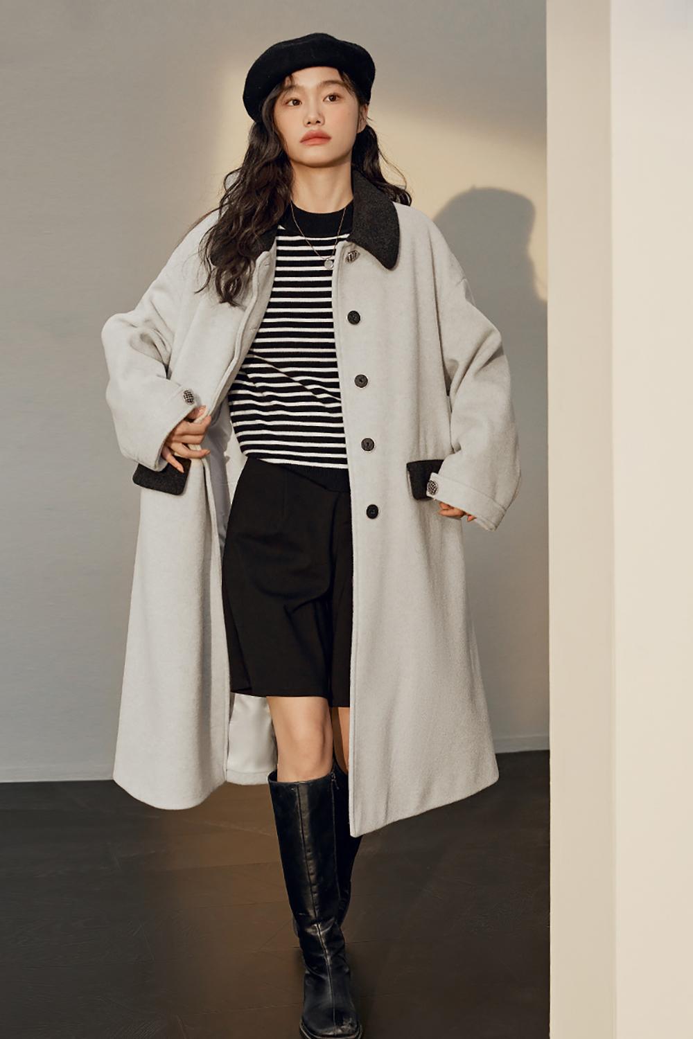 Pre sale-Gray design woolen coat gentle mid-length woolen coat