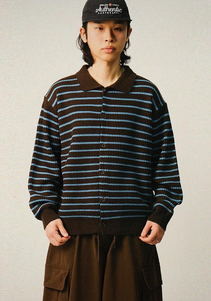 [브라운L와인L 당일출고/기획상품, 29000원] DE Stripe Collar Chain Cardigan