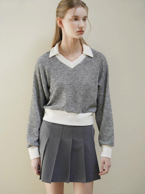 DAISY COLORING COLLAR V NECK KNIT (GREY)