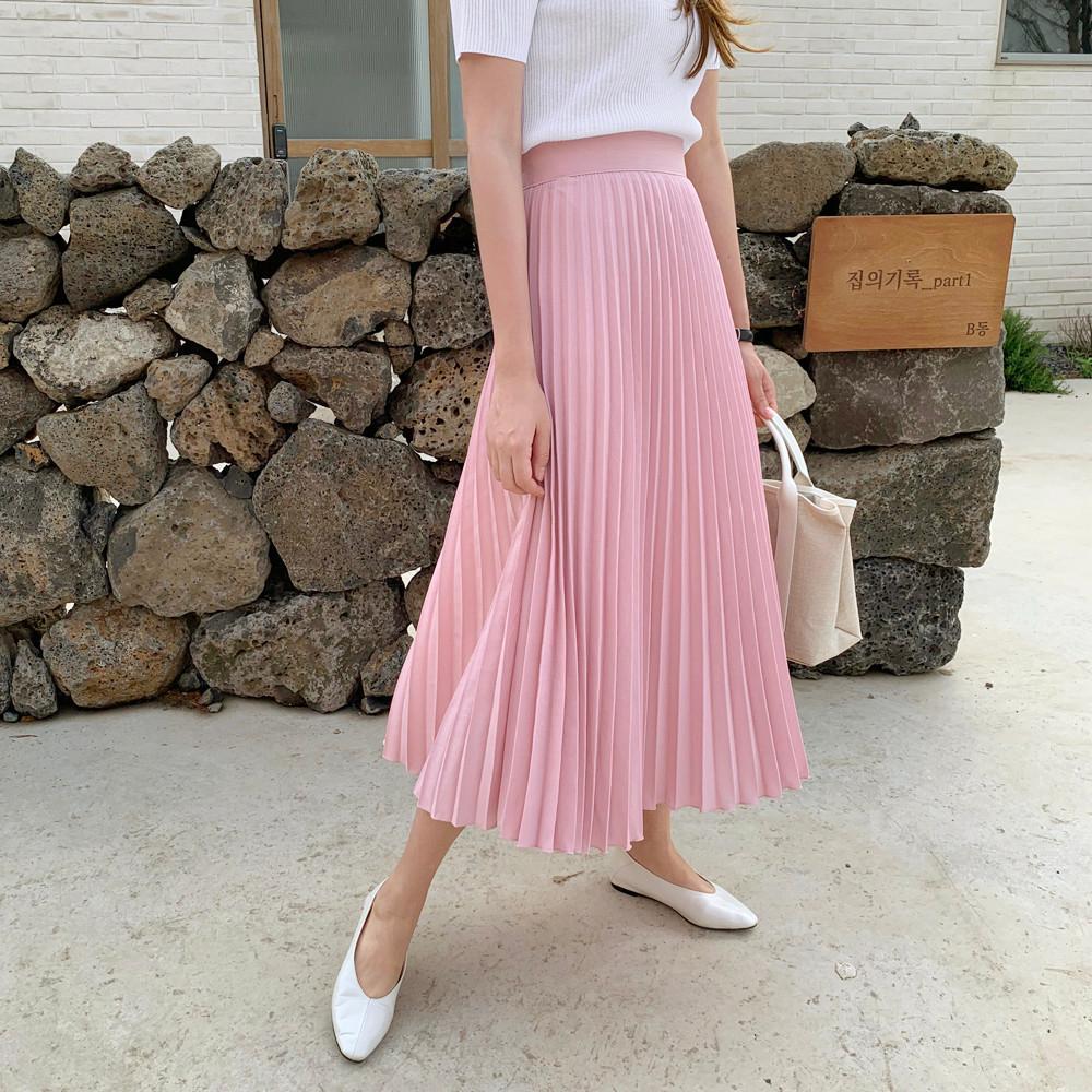 하이웨스트 플리츠 스커트 여성 코튼 린넨치마 주름치마 밴딩 롱스커트 A라인 봄 여름 핑크