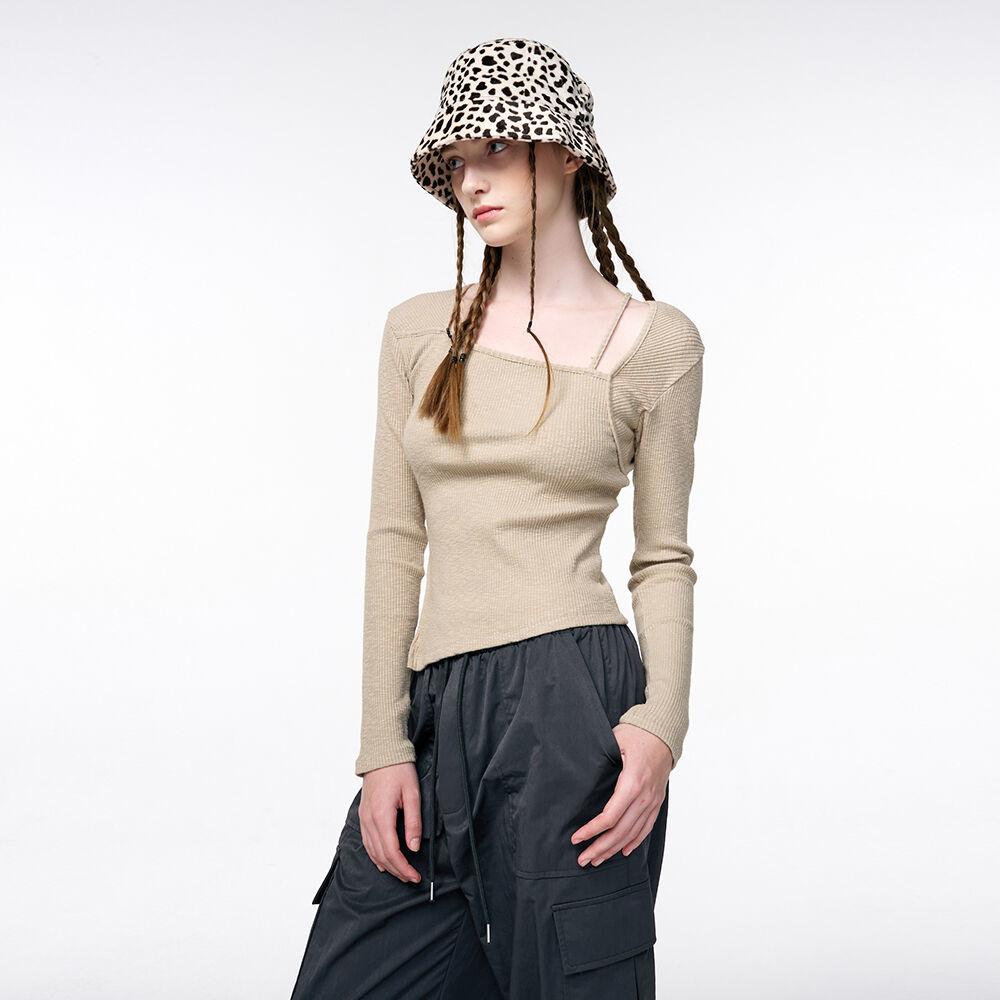 Square Neck Slit T-Shirt, Beige