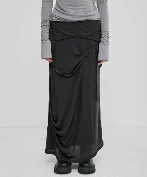 Asymmetrical Draped Long Skirt (FL-263_Black)