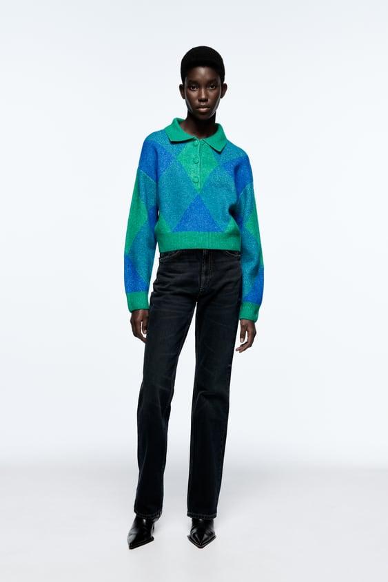 다이아몬드 자카드 니트 폴로셔츠