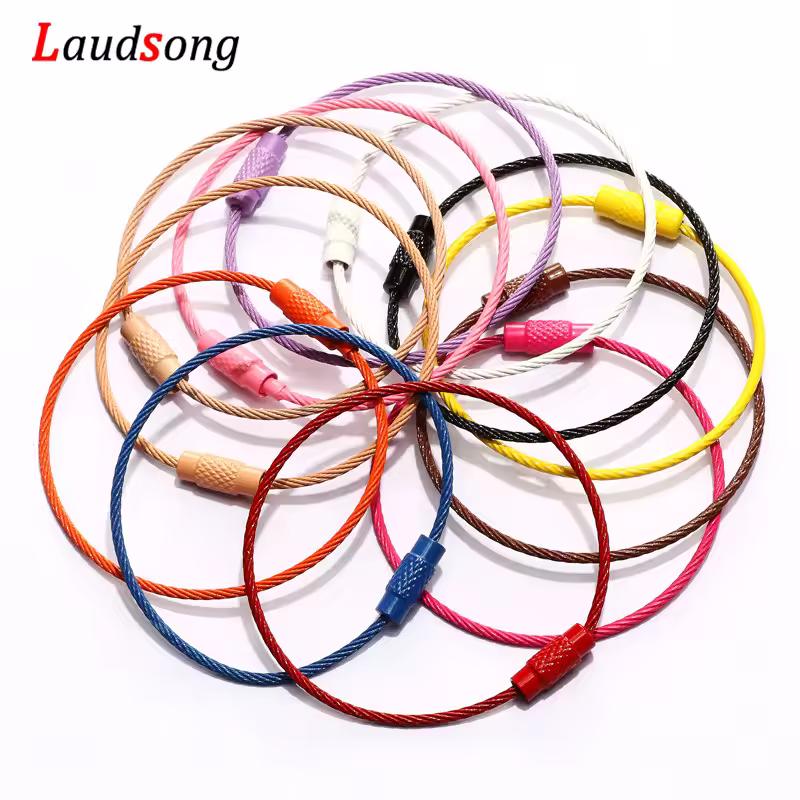 10pcs 다채로운 스테인레스 스틸 와이어 키 체인 케이블 루프 나사 잠금 로프 키 홀더 열쇠 고리 열쇠 고리 반지 야외 도구