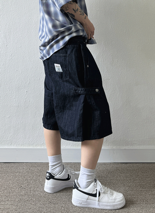 사이드 스냅 버뮤다 패치 데님 팬츠