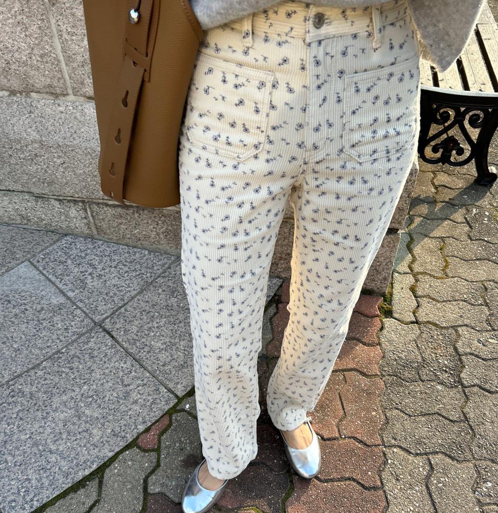 플라워 네이비 프린트 골덴 루즈 일자핏 팬츠 논스판 포켓포인트 S-L