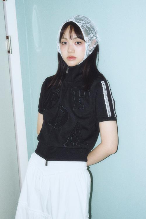 PRDA BIG PATCH LACE JERSEY ZIP-UP JACKET BLACK