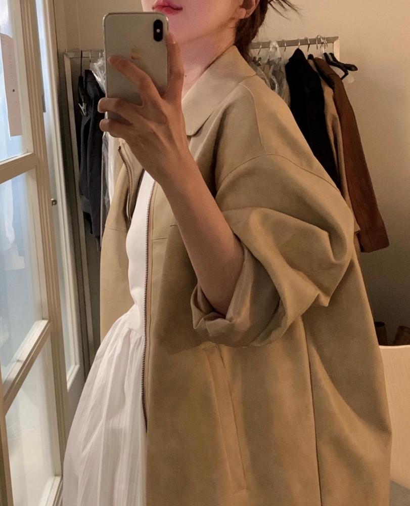 오브제 빈센트 페이크 레더 카라 하프 자켓 (2color)