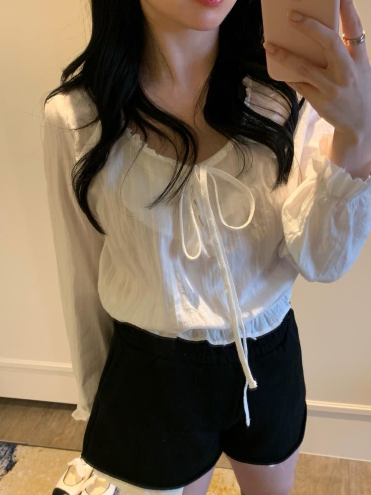 엘리 리본블라우스 레이스 밴딩 프릴블라우스