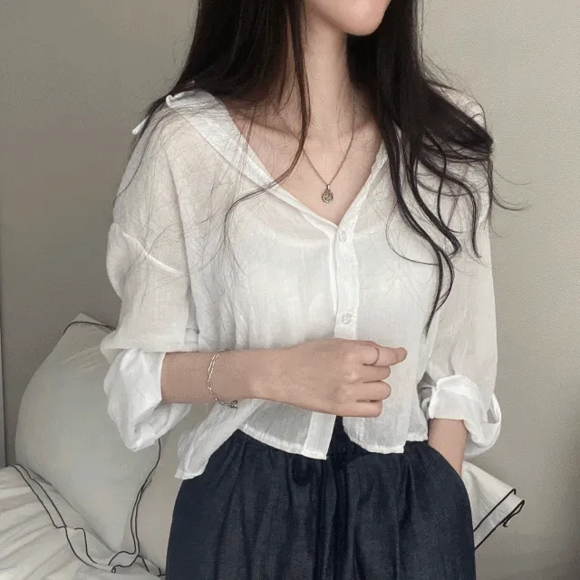 (4color/추천!)그릭 롤업 세미크롭 거즈 셔츠 남방