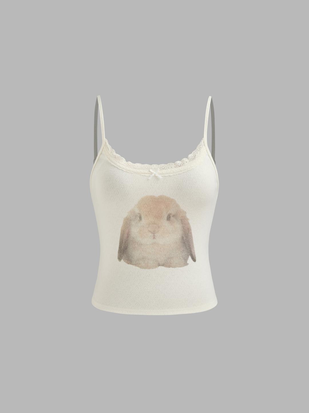 스쿱 넥 Rabbit 그래픽 리본 레이스  캐미 탑