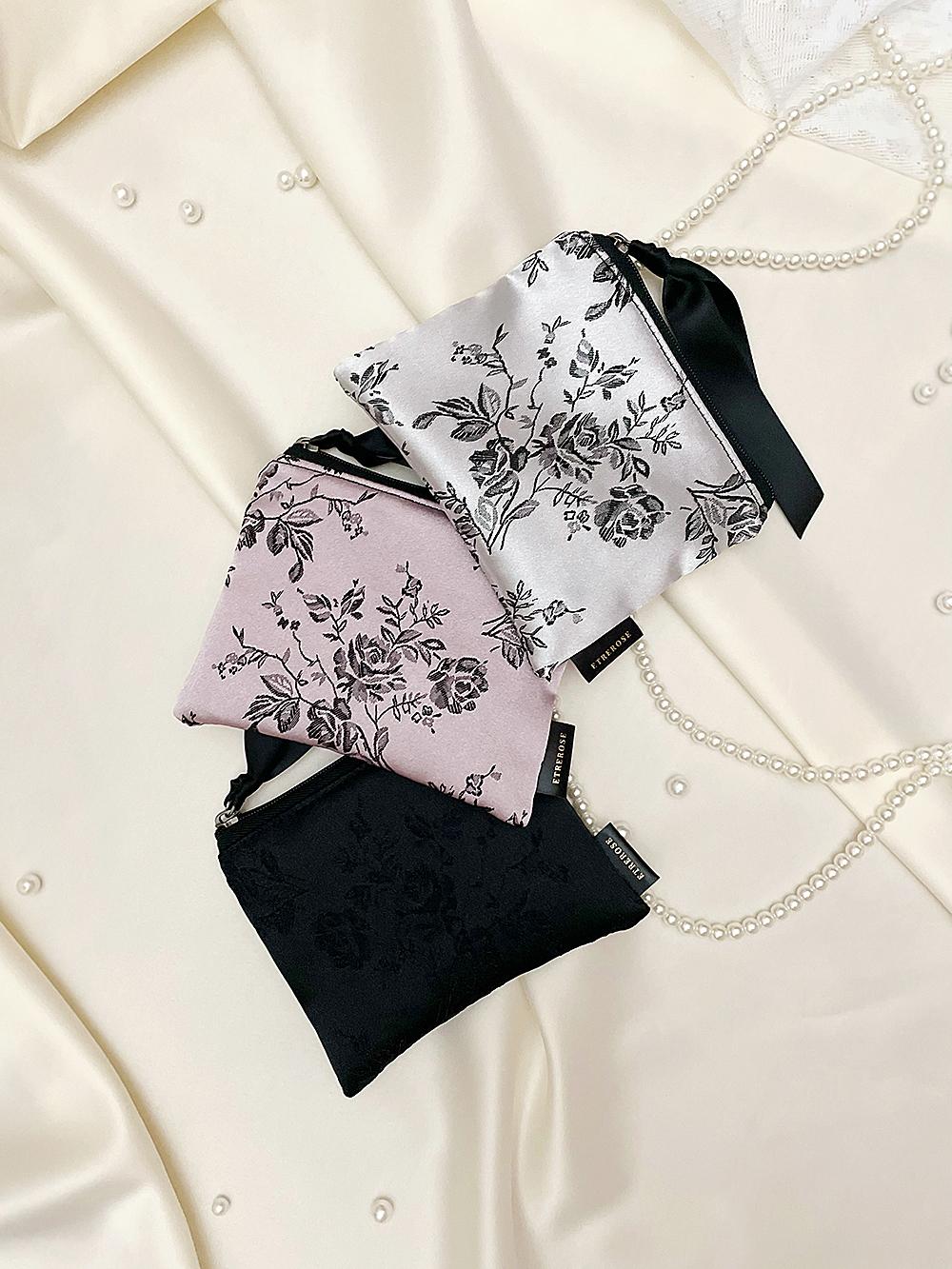 Rose Embroidery Satin Zip-pouch (S/3color)