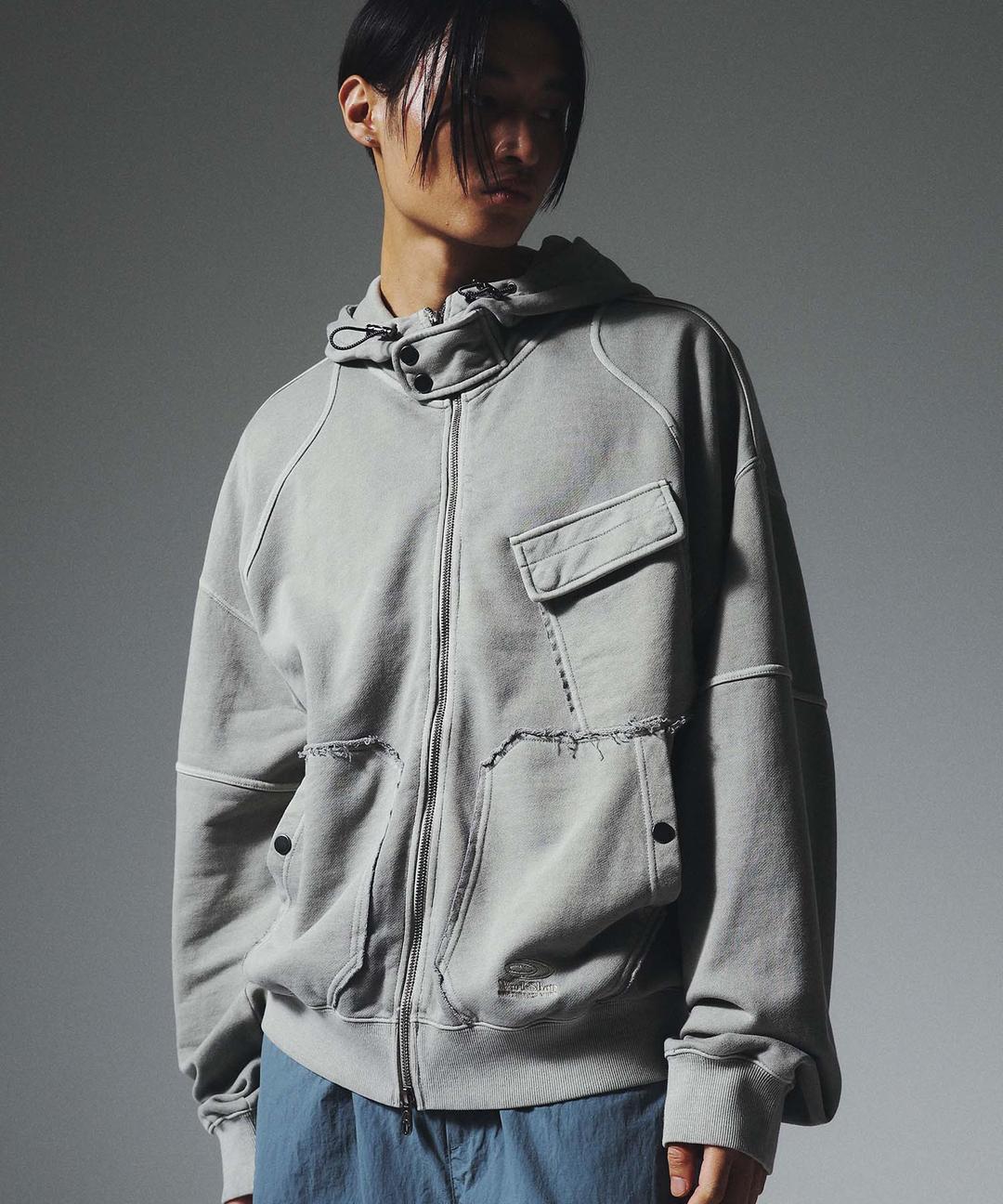 쓰리 포켓 하이넥 피그먼트 후드 집업 자켓 스카이 그레이
