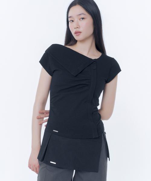 Folding collar shirring top BLACK
