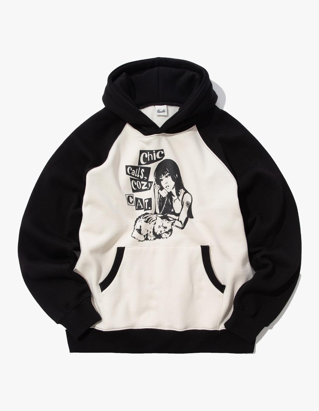 Cozy Cat Raglan Hoodie - Black Beige
