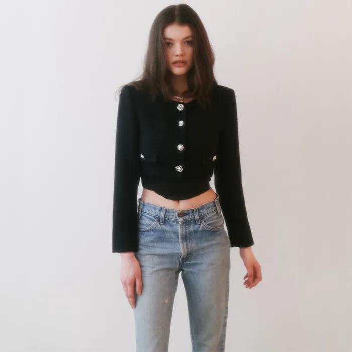 Silver Multi Button Tweed Crop Jacket (Black)