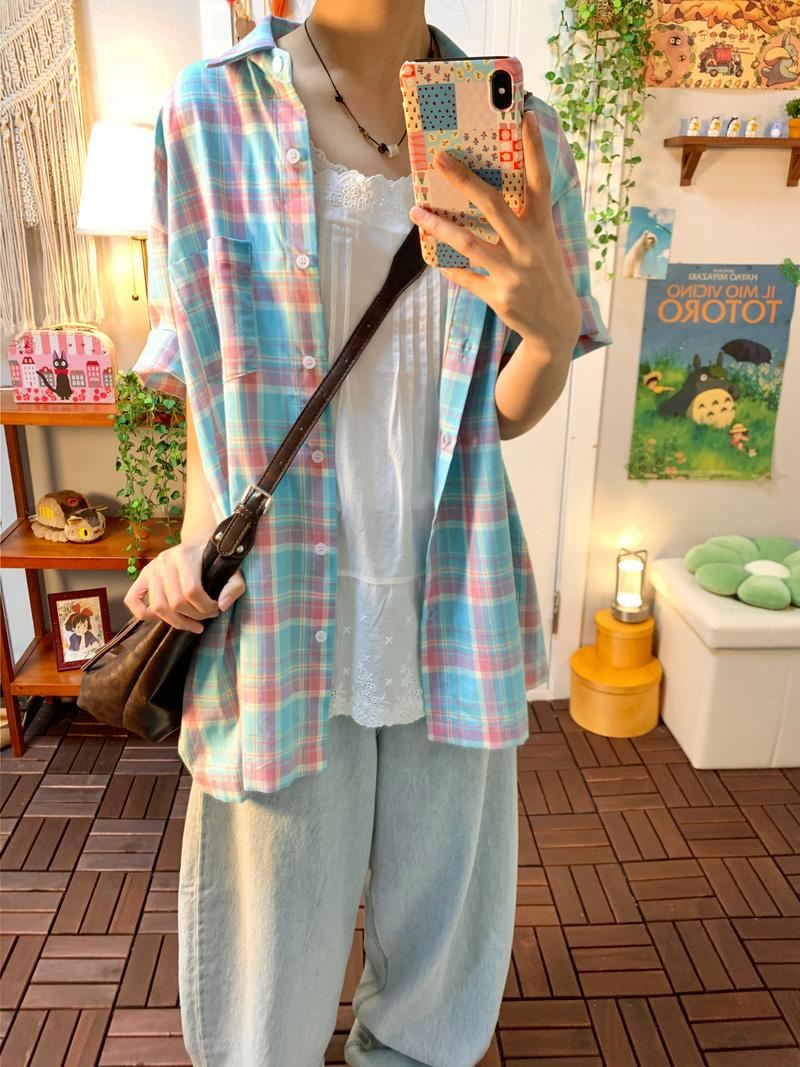 Blusher check shirts ( blue )