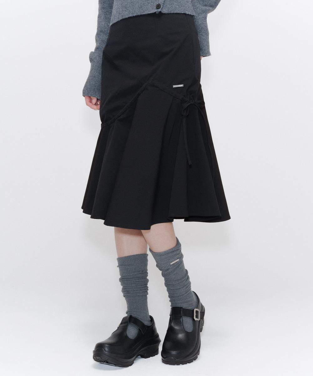 Shirring ruffle midi skirt BLACK