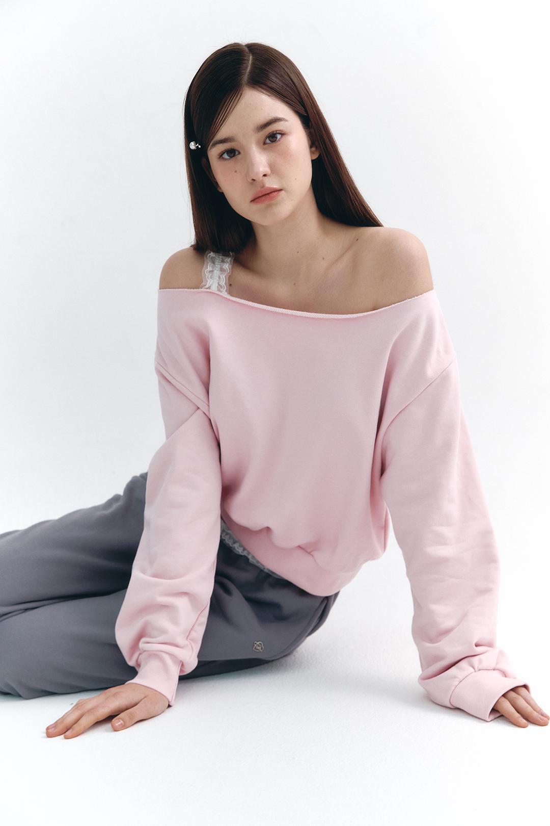 Lace Off Shoulder Sweatshirt Pink