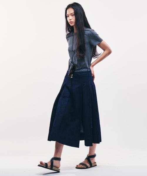데님 플리츠 벨트 롱 스커트_INDIGO