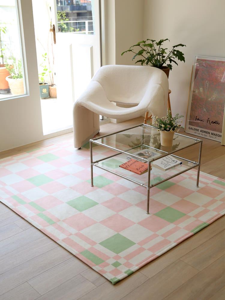 빈티지 워셔블 그린 핑크 체커보드 체크 사계절 단모 거실카페트 거실 러그 100x150