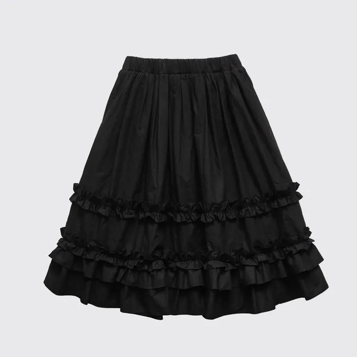 RUFFLE PLEATED MIDI SKIRT - BLACK