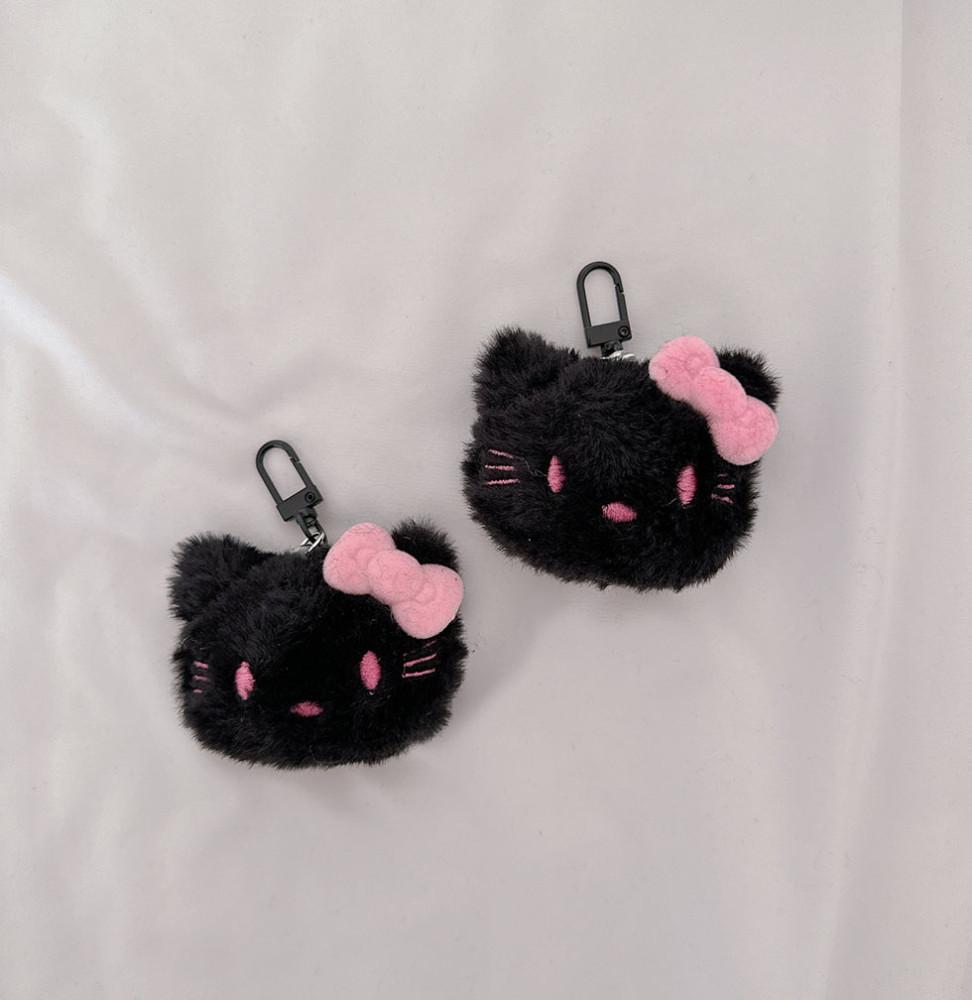 미니 핑크리본 블랙 털 냥이 얼굴 인형 키링 / 키홀더