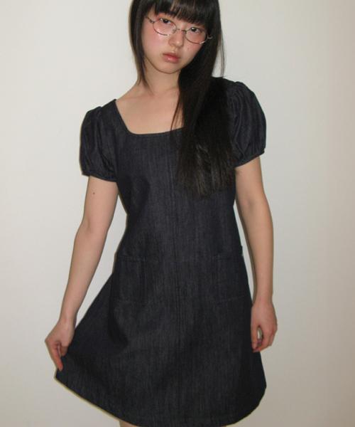 NON FADE POCKET HEART POINT DENIM DRESS INDIGO BLUE