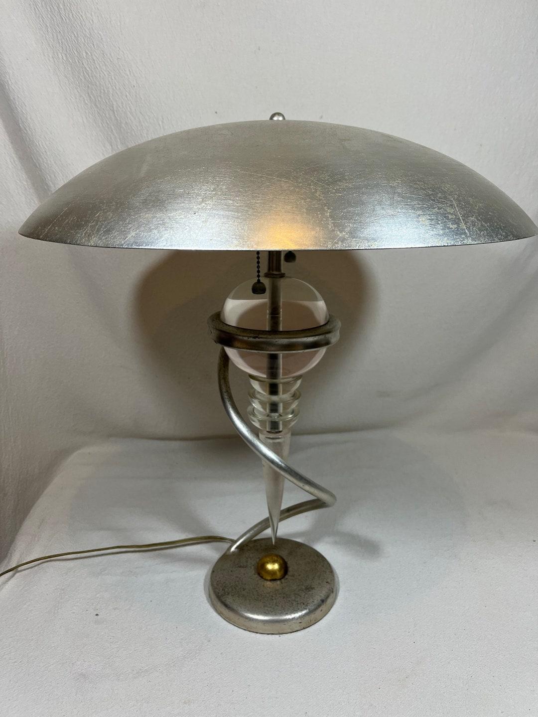Vintage Van Teal Stunning Art Deco Design Lucite Lamp with Silver Leaf Metal Shade