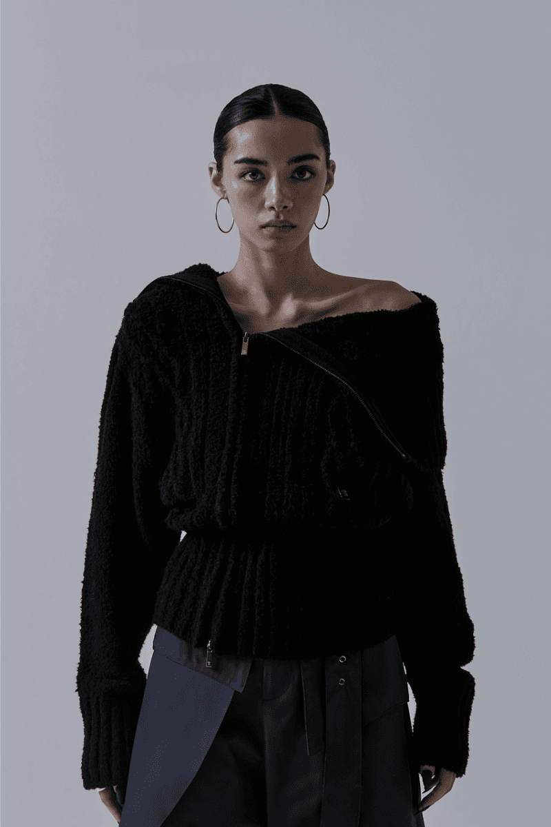 2-way Unbalance Off-shoulder Knit Zip-up [ Black ]