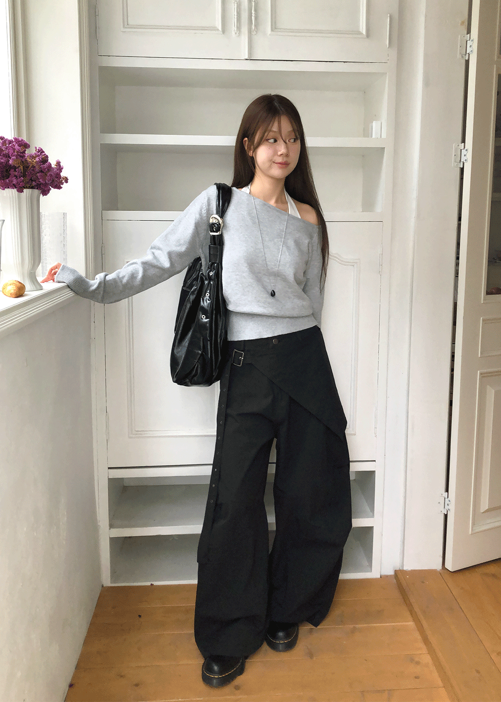 서울베이스드 [1만장 판매]WRAP SKIRT BELT WIDE PANTS*차콜L 당일배송*