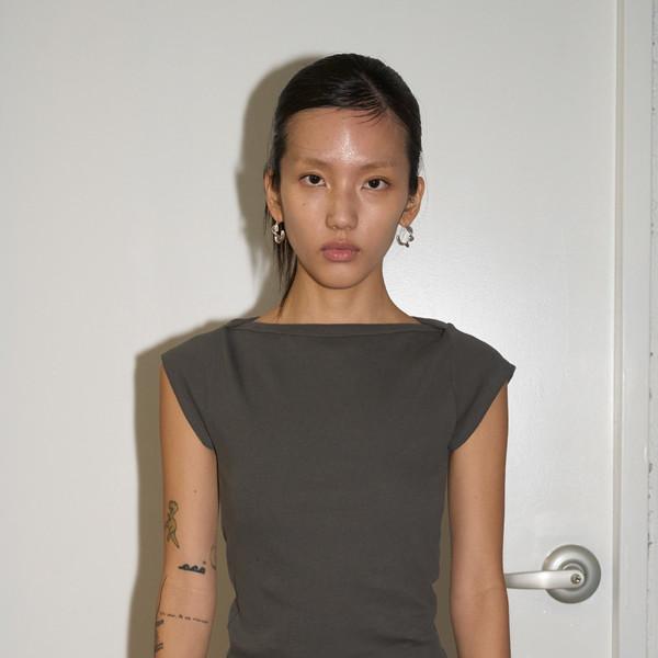 Boat Neck Ribbed Top (Charcoal)