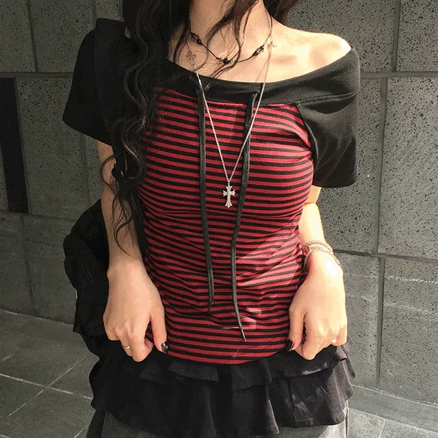 [넉넉슬림핏🖤] 키츠 단가라 보트넥 나그랑 오프 스트라이프 스트링 배색 반팔티셔츠 3color