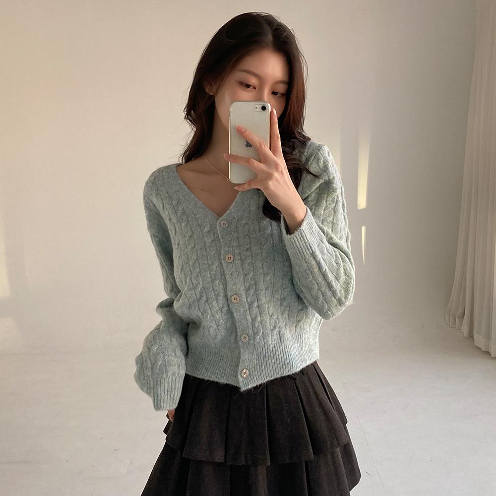 언니가간다 [무료배송][울/내수]아드로 울 가디건-국내생산 니트가디건 꽈배기 세미크롭 브이넥 허리잘록