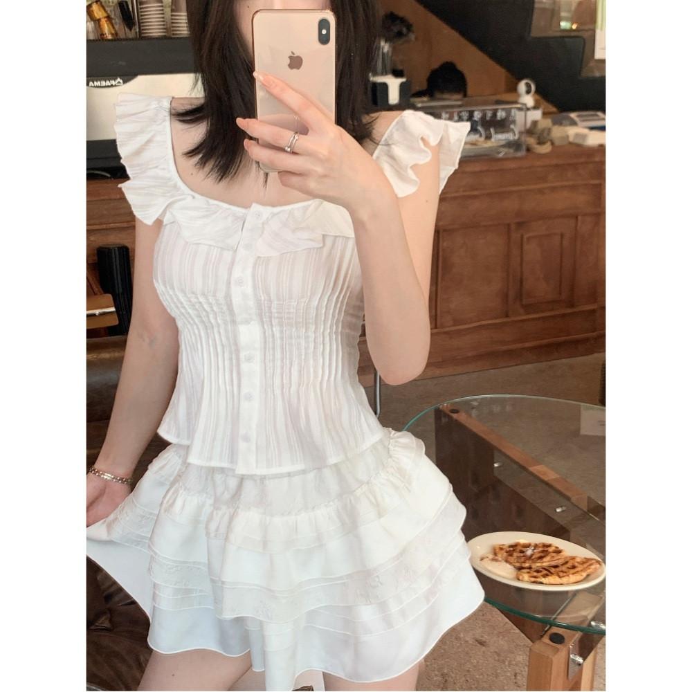 러플 슬리브 숏 민소매 블라우스