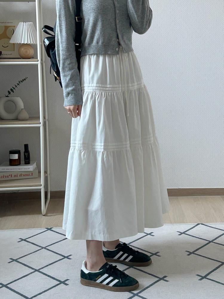 론다 가을 캉캉 셔링 롱 밴딩 스커트 (아이보리)