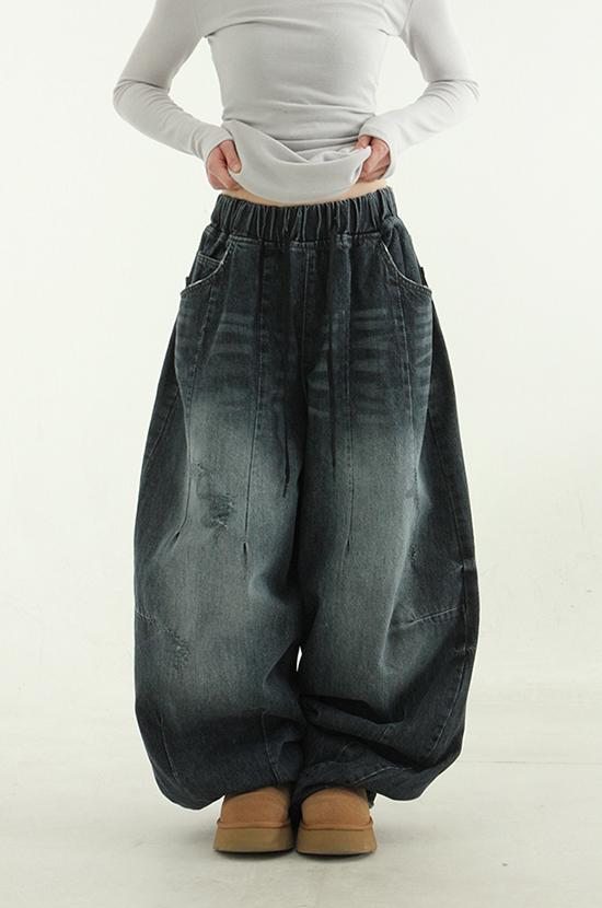dark blue damage denim balloon banding pants (unisex)