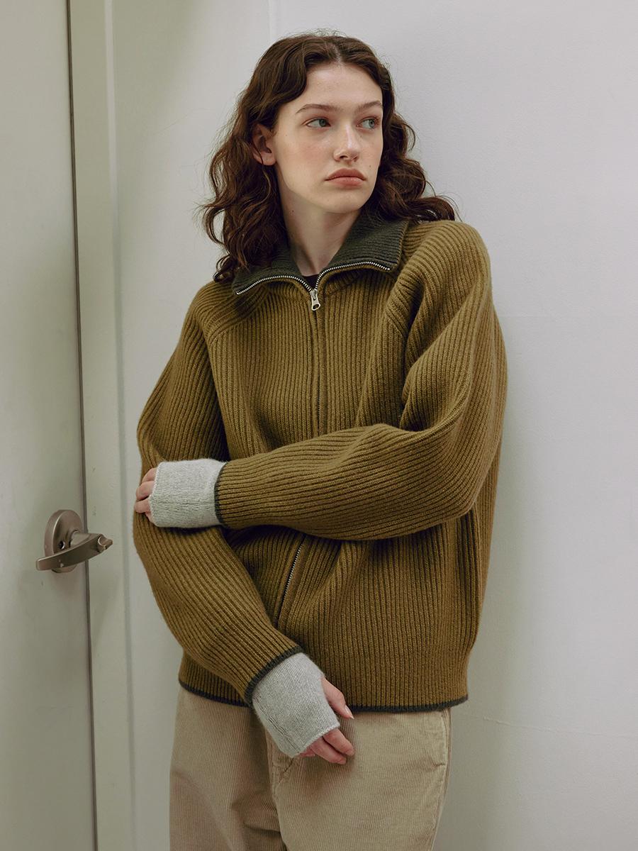 [WOMEN] WOOL COTTON LINE RIBBED ZIP-UP_Olive