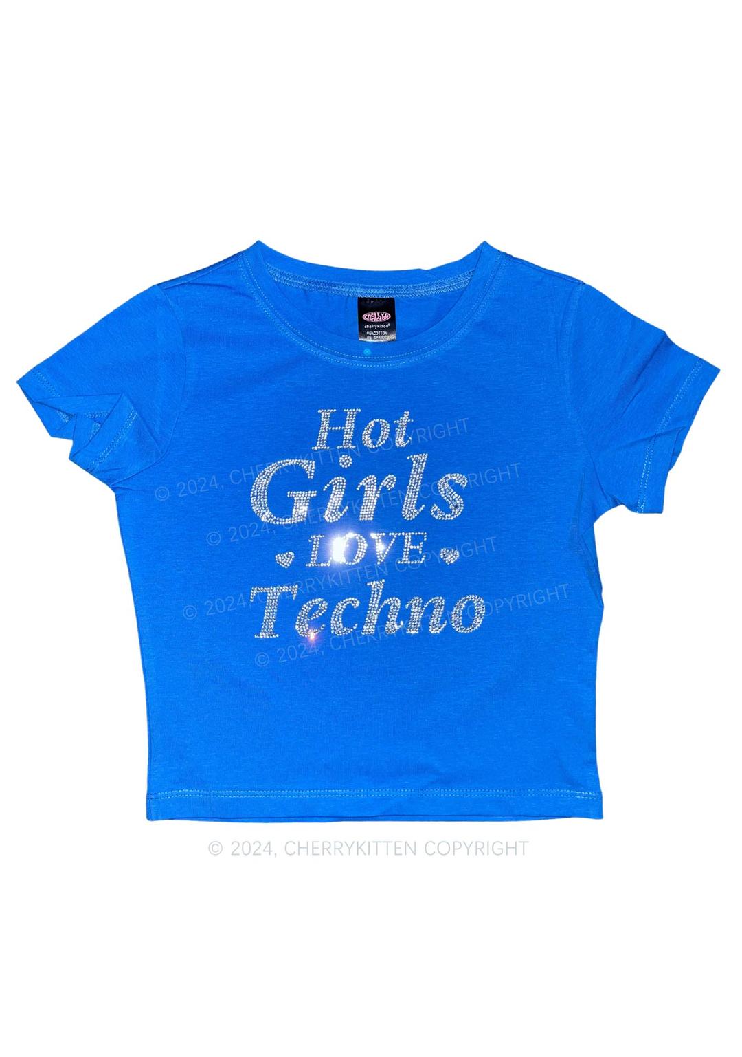 Rhinestone Hot Girls Love Techno Y2K Baby Tee Cherrykitten - Blue / S