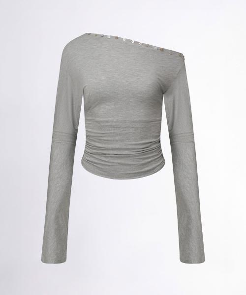Shell Button Sleeve Top Melange Gray