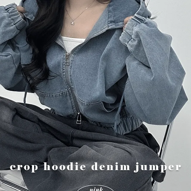 아방핏💫 [크롭 후디 데님 점퍼] 후드 밴딩 투웨이 청 자켓 벌룬 루즈핏 연청 흑청 간절기 봄 가을 아우터 집업 (2 col)