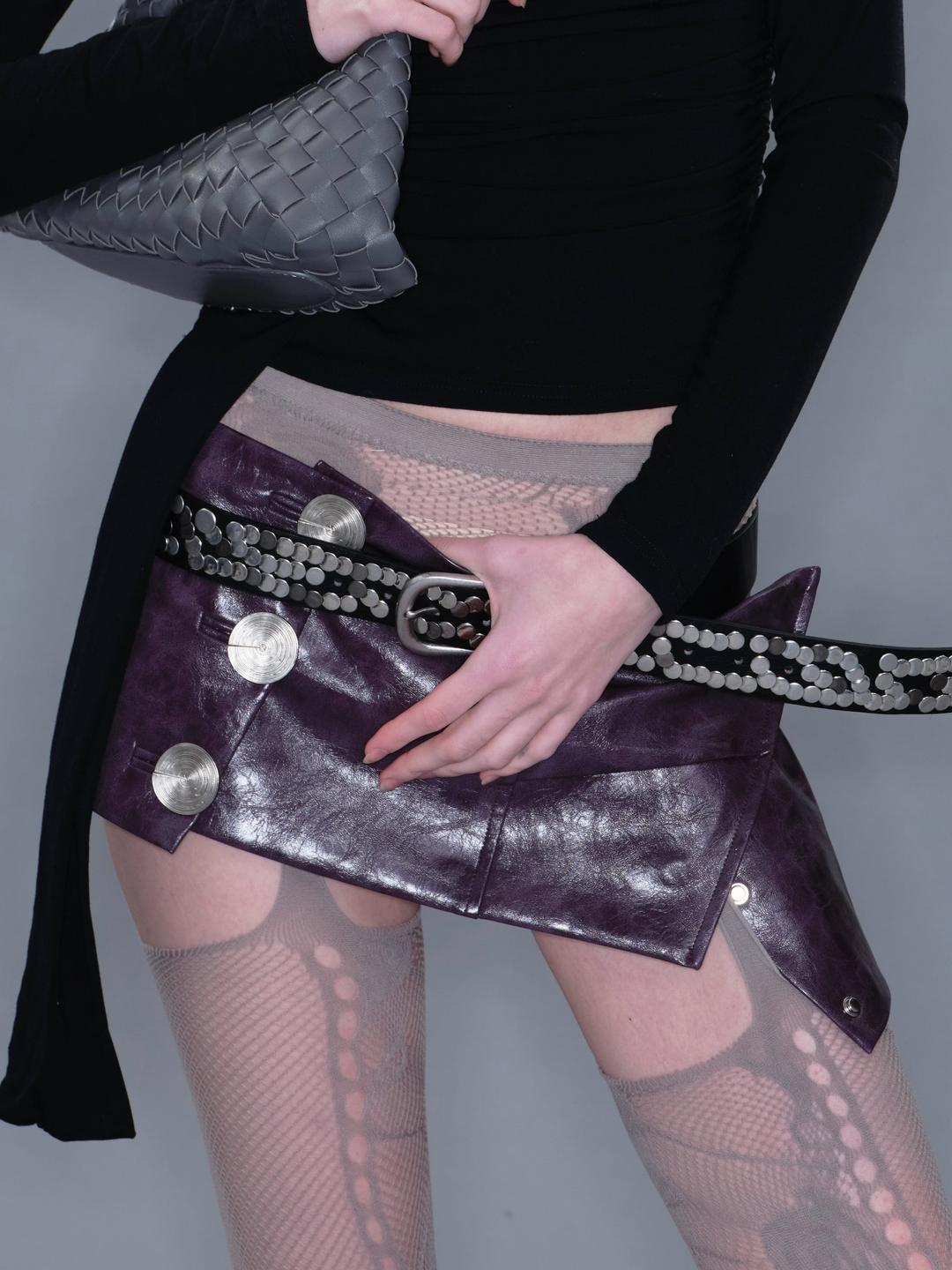 Metal Button Faux Leather Mini Skirt/ Purple