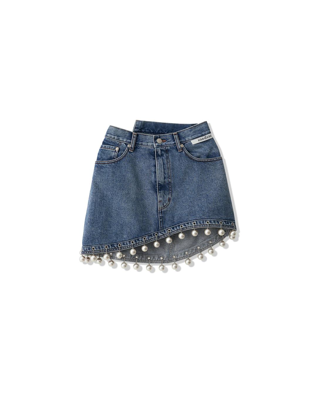 Pearl Trimmed Denim Mini Skirt (Sky Blue)