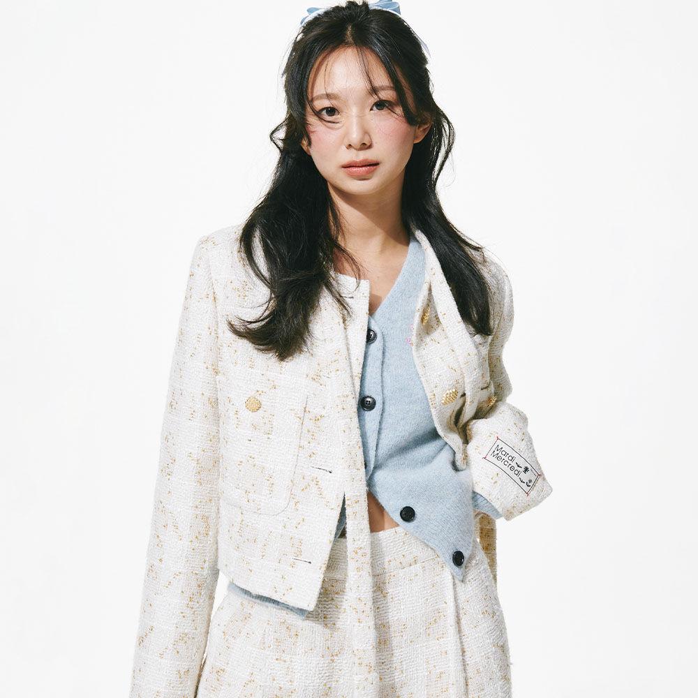 TWEED CROPPED JACKET TIE NECK_IVORY