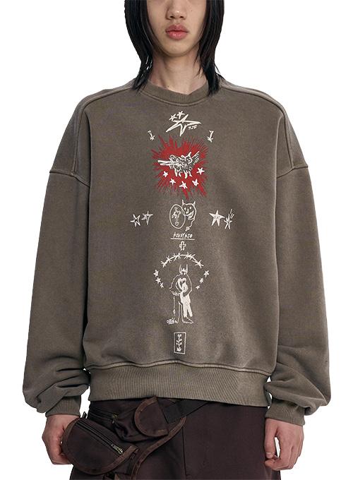 Blessing Doodle Washed Sweatshirt [BROWN]