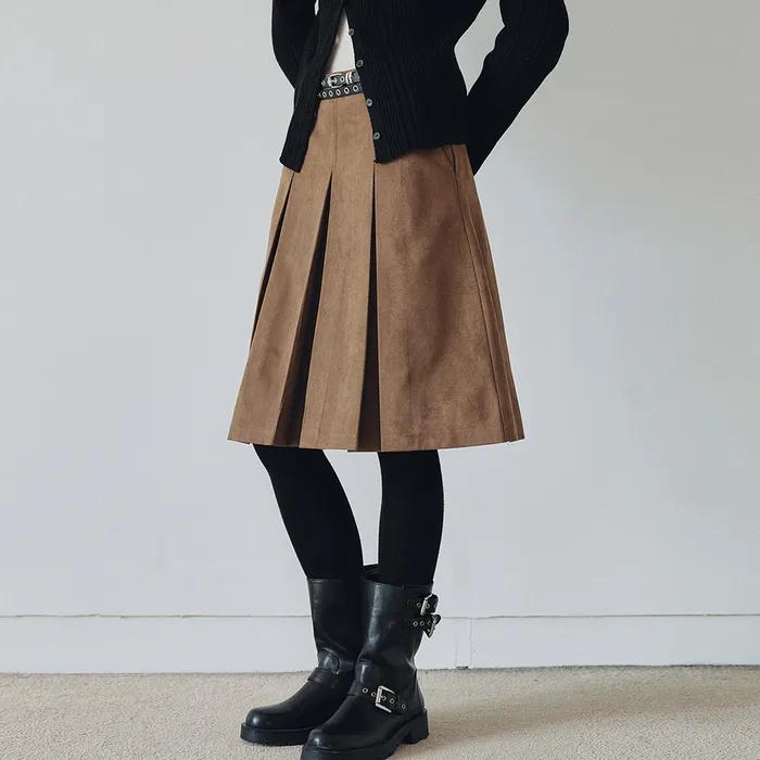 Suede String Pleats Midi Skirt (Brown)