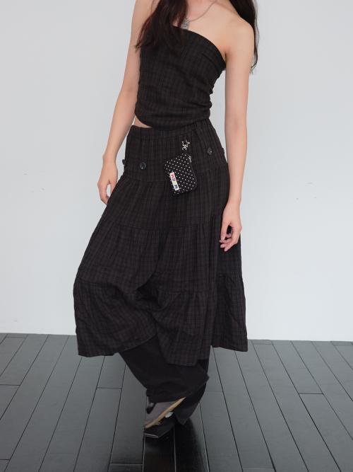 투웨이 버튼 셔링 스커트 2way Button Shirring Skirt (Black Check)